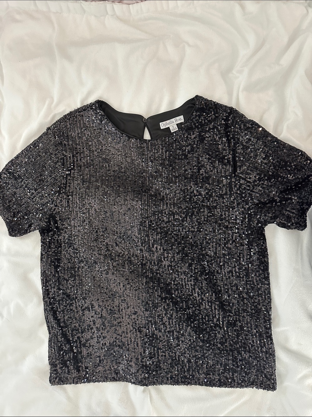 Sequin Short-Sleeve Crewneck Sweater Top - Black